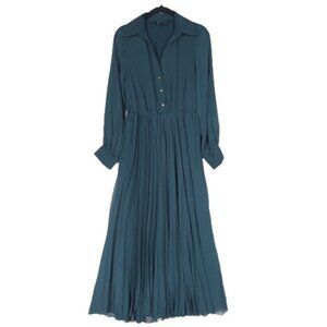ZARA Women's Midi Dress Pleated SMALL Green‎ Sheer Long Sleeve Collared V-neck